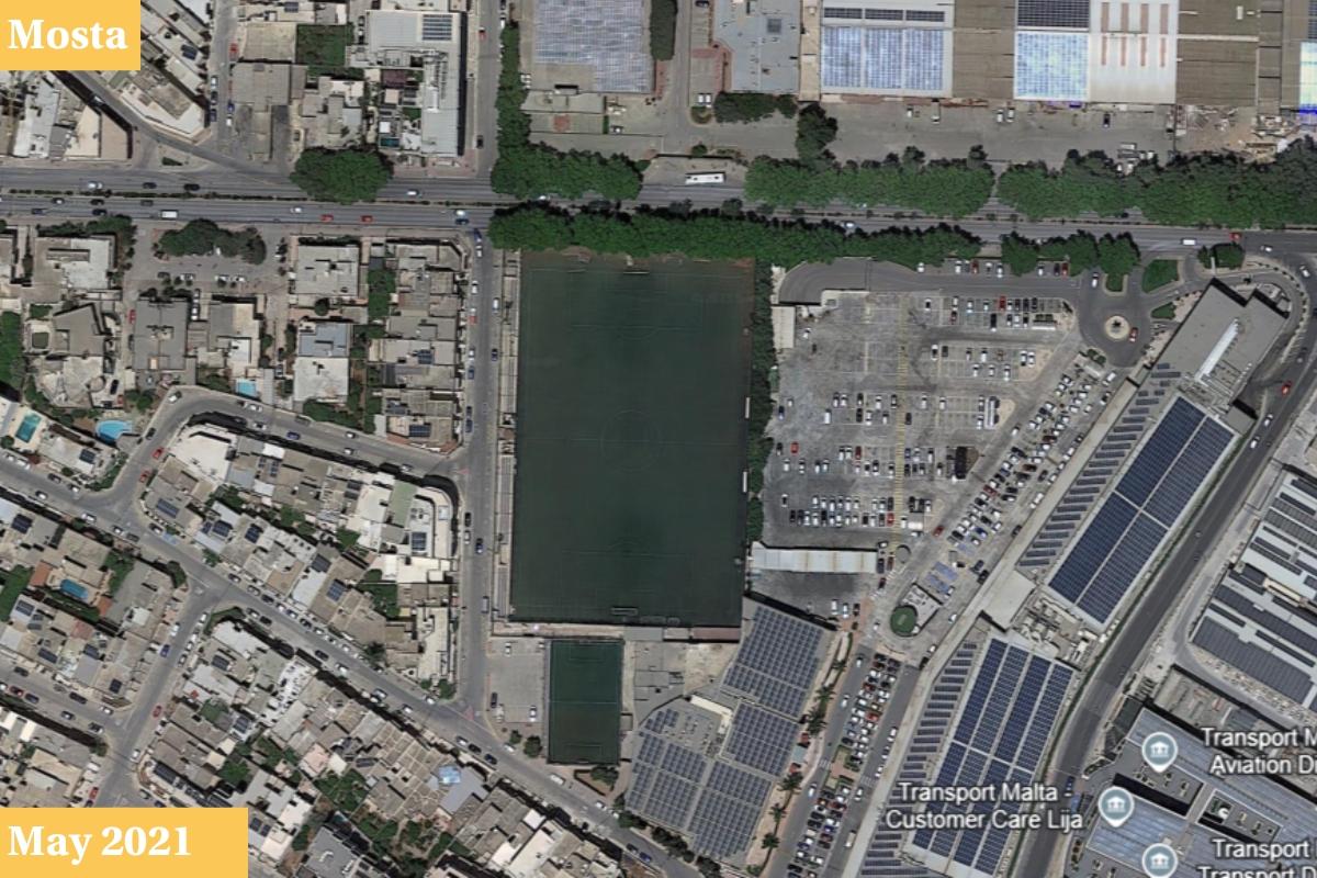 An area of a Mosta football pitch was repurposed for padel pitches. Photo: Google Earth.