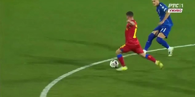 The embarrassing moment came during Serbia's clash in Andorra when the host's midfielder Guillaume Lopez latched on to a loose pass