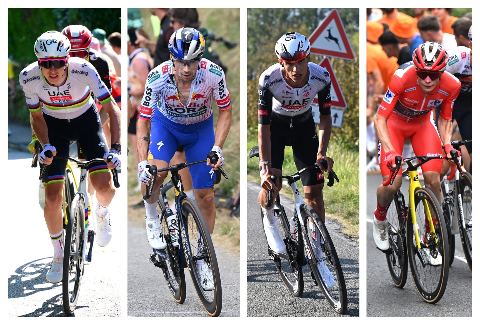 Tadej Pogacar, Primoz Roglic, Isaac Del Toro and Jonas Vingegaard will go head to head in the Andorra Cycling Masters 2025 (photos: Getty Images)