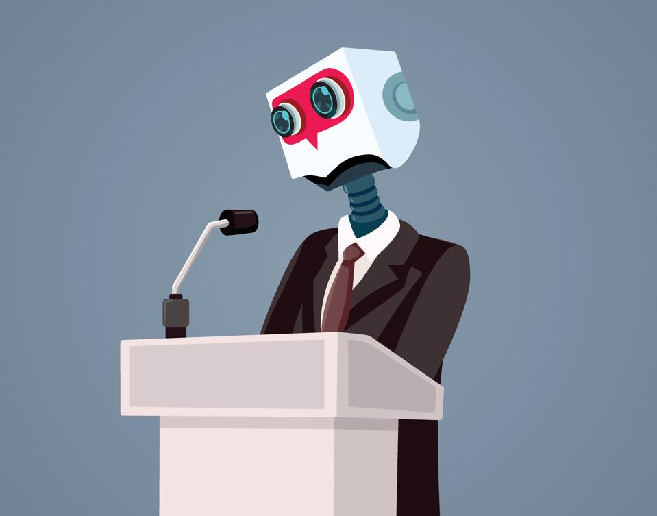 Robot in Charge Talking on a Podium Vector Conceptual Illustration