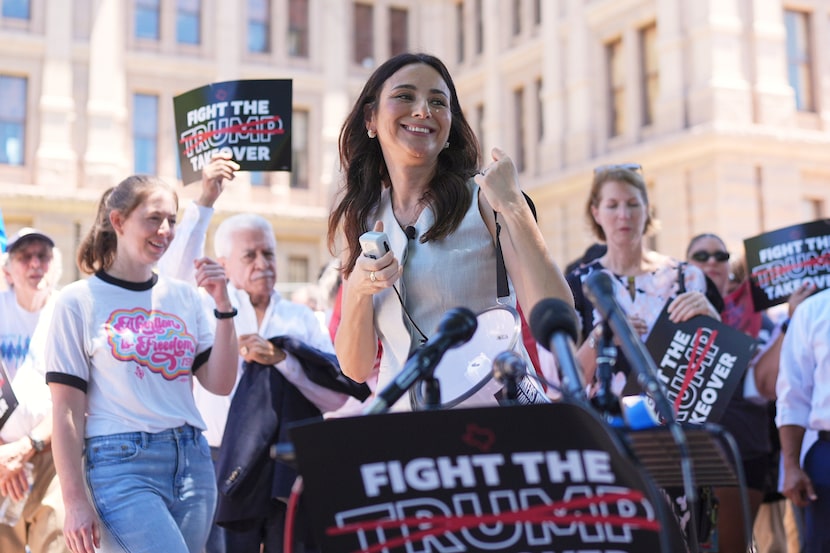 FILE - Texas state Rep Gina Hinojosa speaks during a rally to protest against redistricting...