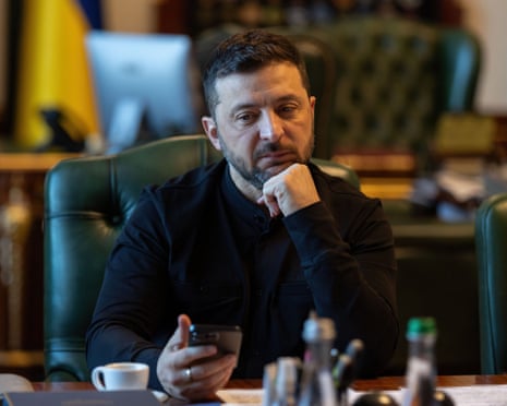 Ukrainian president Volodymyr Zelenskyy, listens during a private telephone call with French president Emmanuel Macron from the Mariinsky Palace earlier this month.