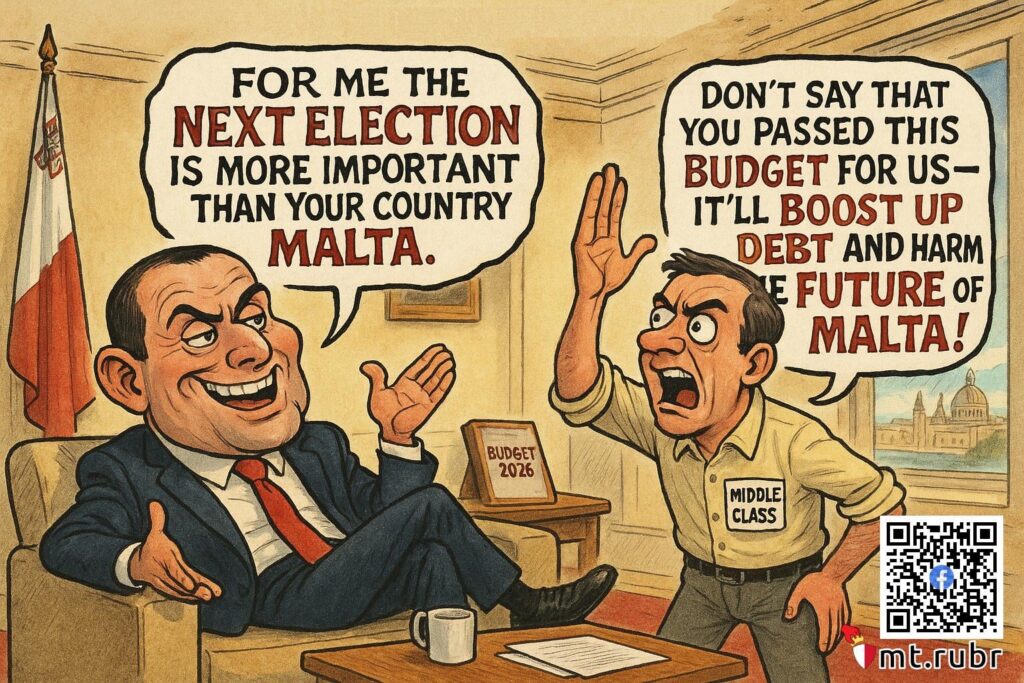 [mt.rubr] Robert Abela announces the 2026 budget, offering relief to middle-class families, but the plan appears unbalanced as it could worsen national debt and seems aimed at securing votes for the next election.