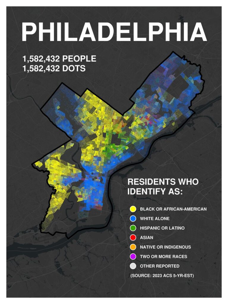 Philadelphia racial demographics plotted as a point for every resident
