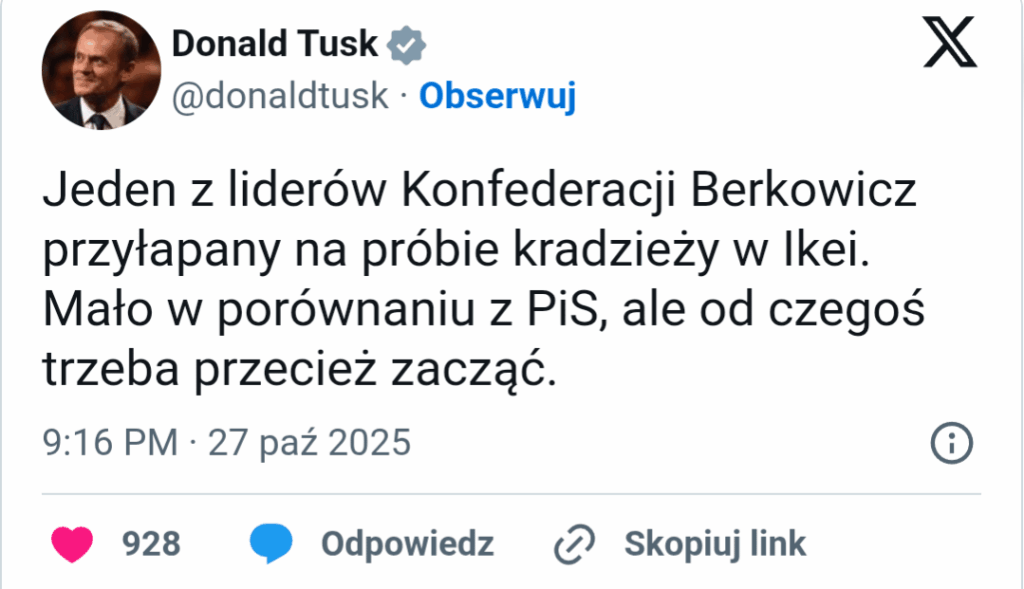 New Hope MP Konrad Berkowicz allegedly tried to take goods worth nearly PLN 400 from the IKEA store.