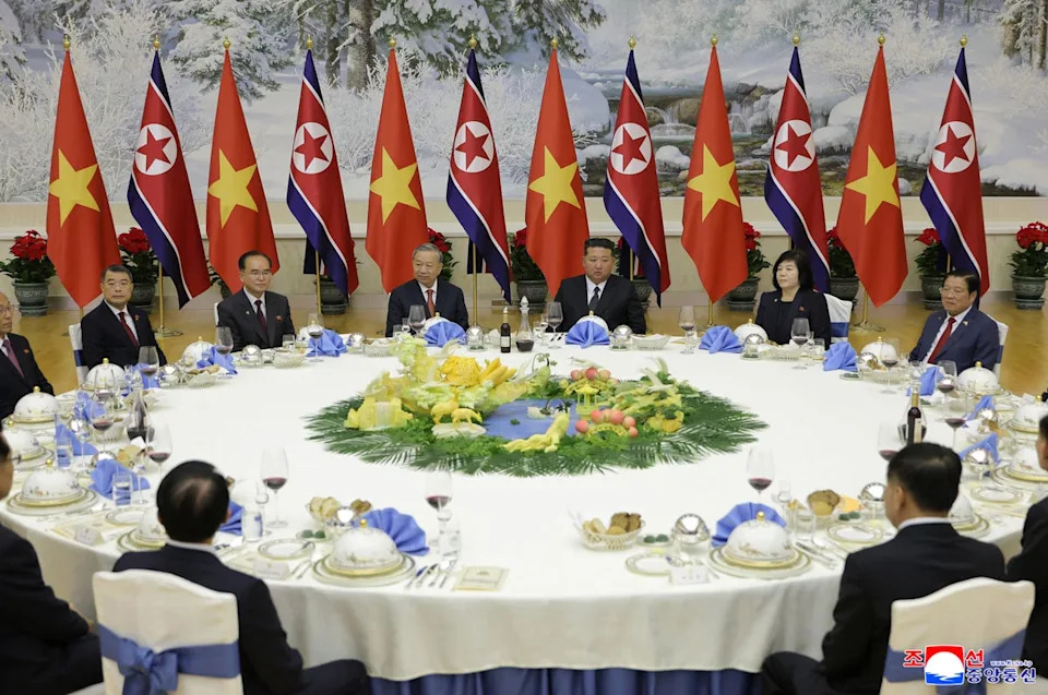 This picture taken on 9 October 2025 and released by North Korea’s official Korean Central News Agency (KCNA) on 10 October 2025 shows North Korean leader Kim Jong Un (centre R) and Vietnam’s Communist Party General Secretary To Lam (centre L) attending a welcome banquet at the headquarters of the Central Committee of the Workers’ Party of Korea in Pyongyang (KCNA VIA KNS/AFP via Getty Image)