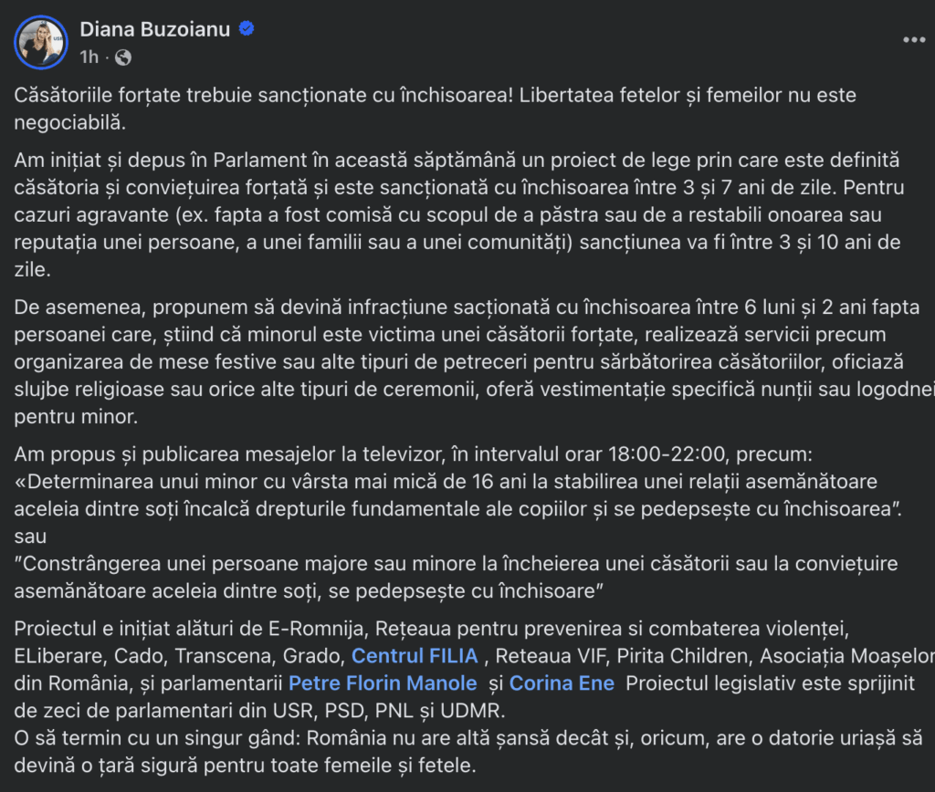 Diana Buzoianu submits in Parliament a draft law by which marriage and forced coexistence between 3 and 7 years are sanctioned