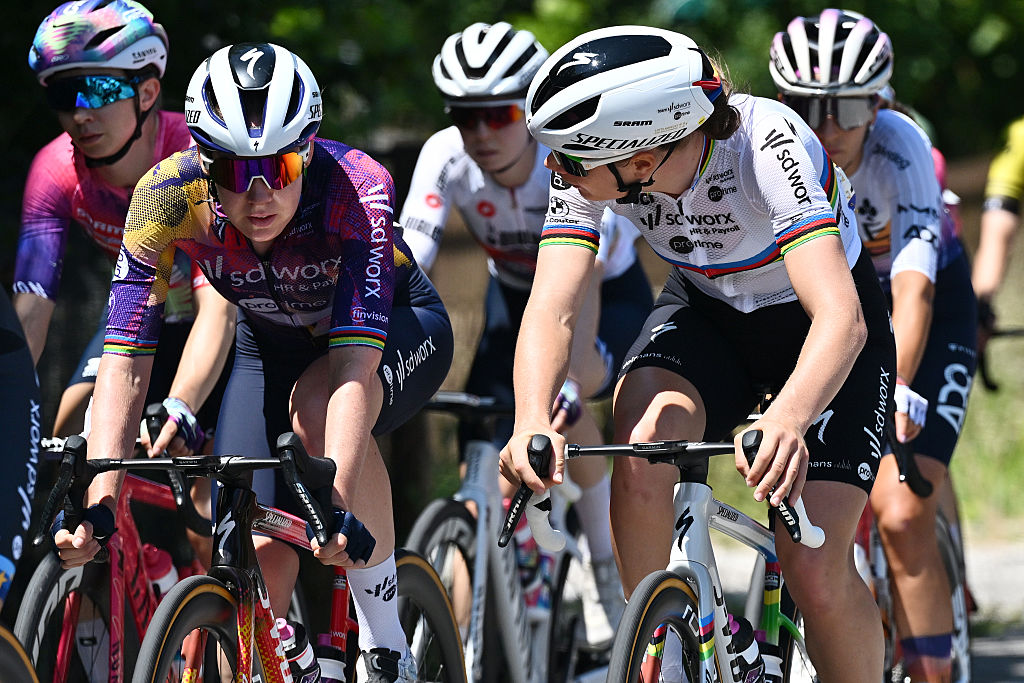 MONSELICE, ITALY - JULY 10: (L-R) Anna Van Der Breggen of Netherlands and Lotte Kopecky of Belgium and Team SD Worx - Protime compete during the 36th Giro d&amp;apos;Italia Women 2025, Stage 5 a 120km stage from Mirano to Monselice / #UCIWWT / on July 10, 2025 in Monselice, Italy. (Photo by Luc Claessen/Getty Images)