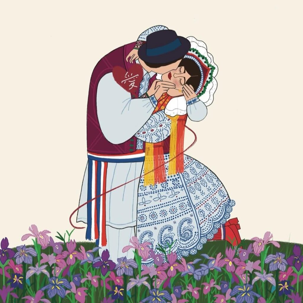 Klimt's Kiss in the Croatian version, costume from the village of Bizovac. The artist is sinae_artkorea on instagram.