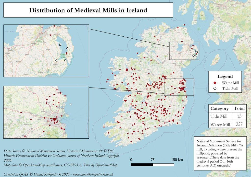 [OC] Distribution of Medieval Mills in Ireland