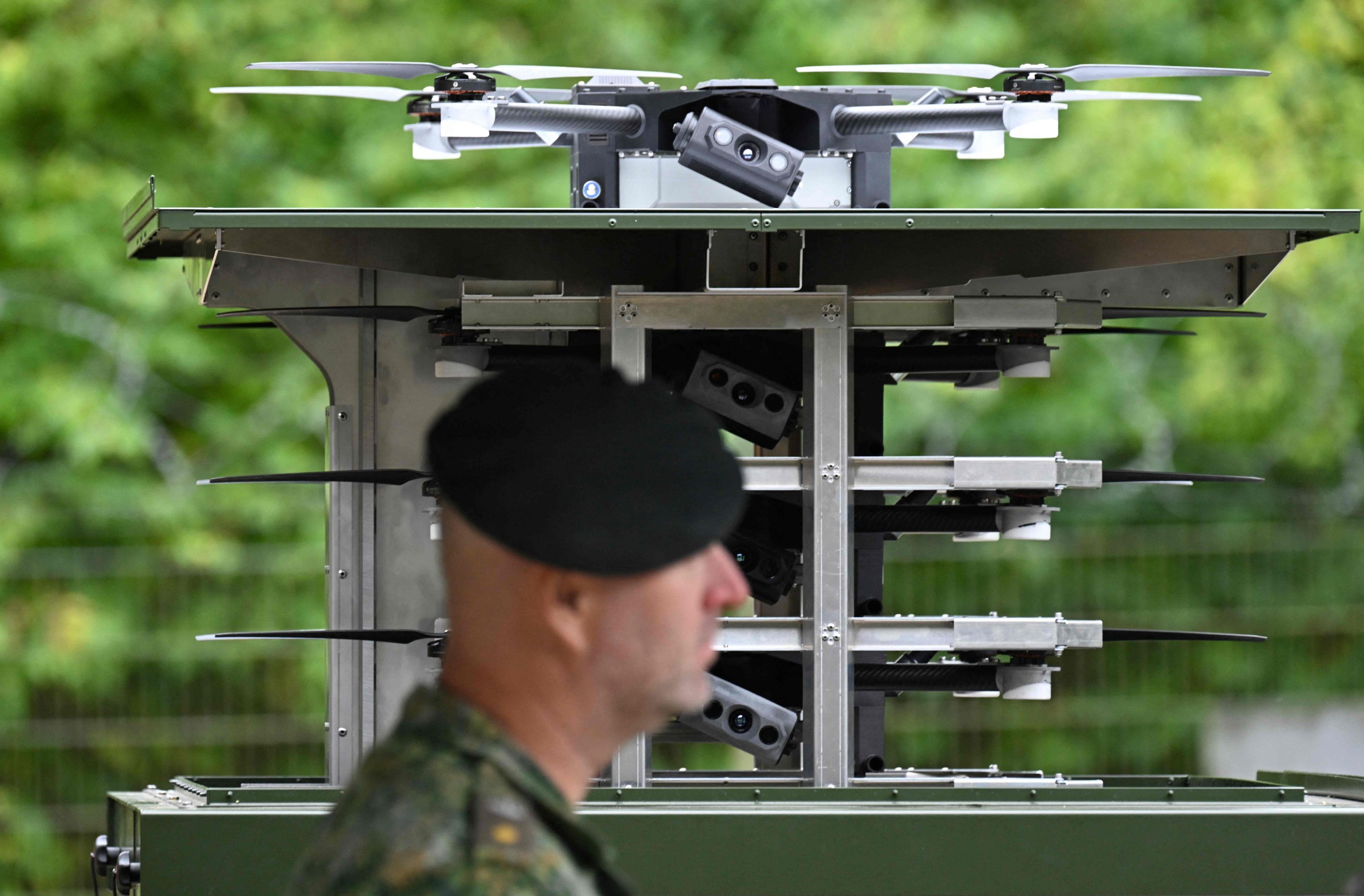 Military drones are on display during the visit of the German President and the King of the Netherlands at the NATO German-Dutch Army Corps (1GNC), Muenster, Germany, Sept. 25, 2025. (AFP Photo)