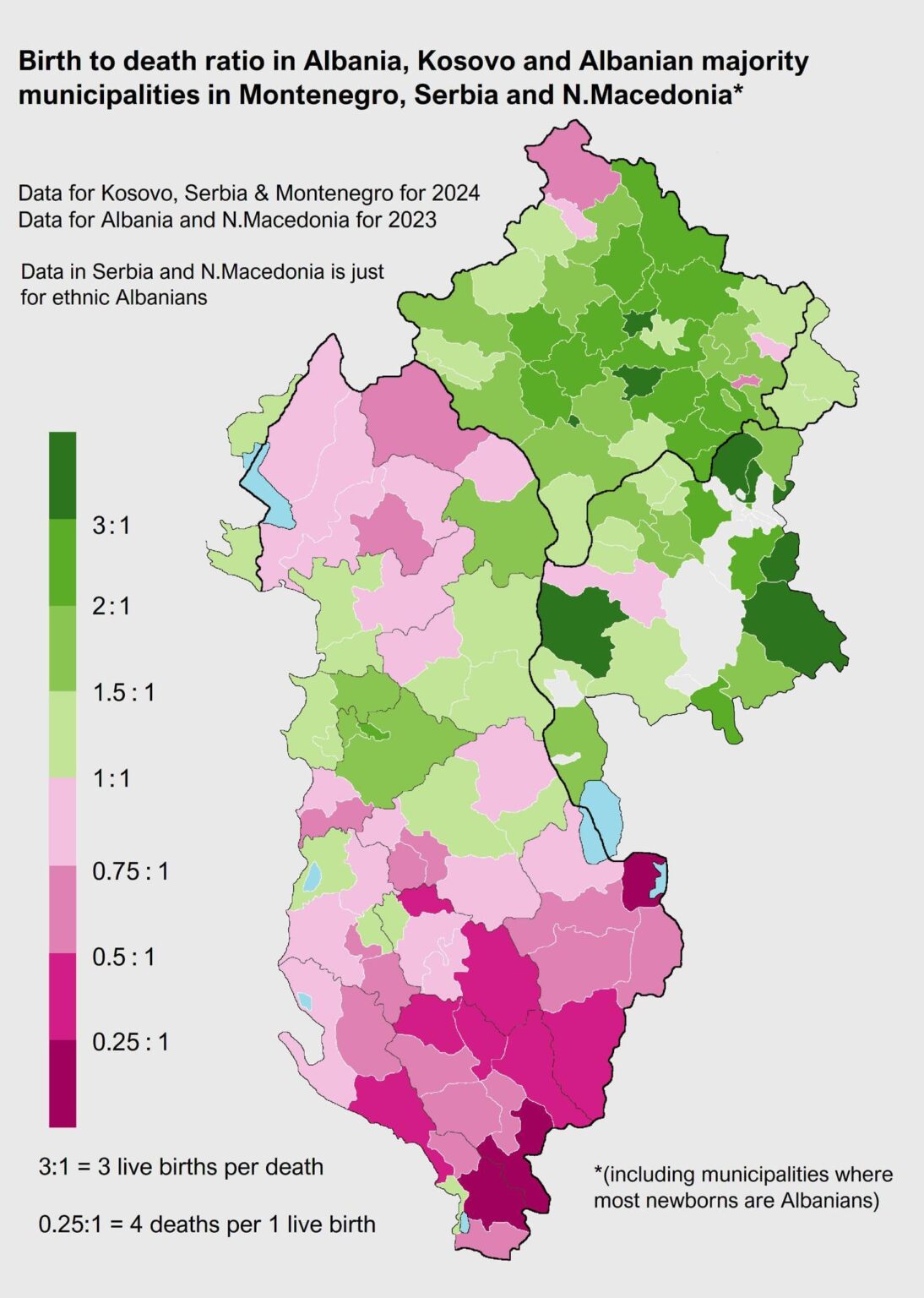 Birth to death ratio in Albania, Kosova and Albanian majority municipalities