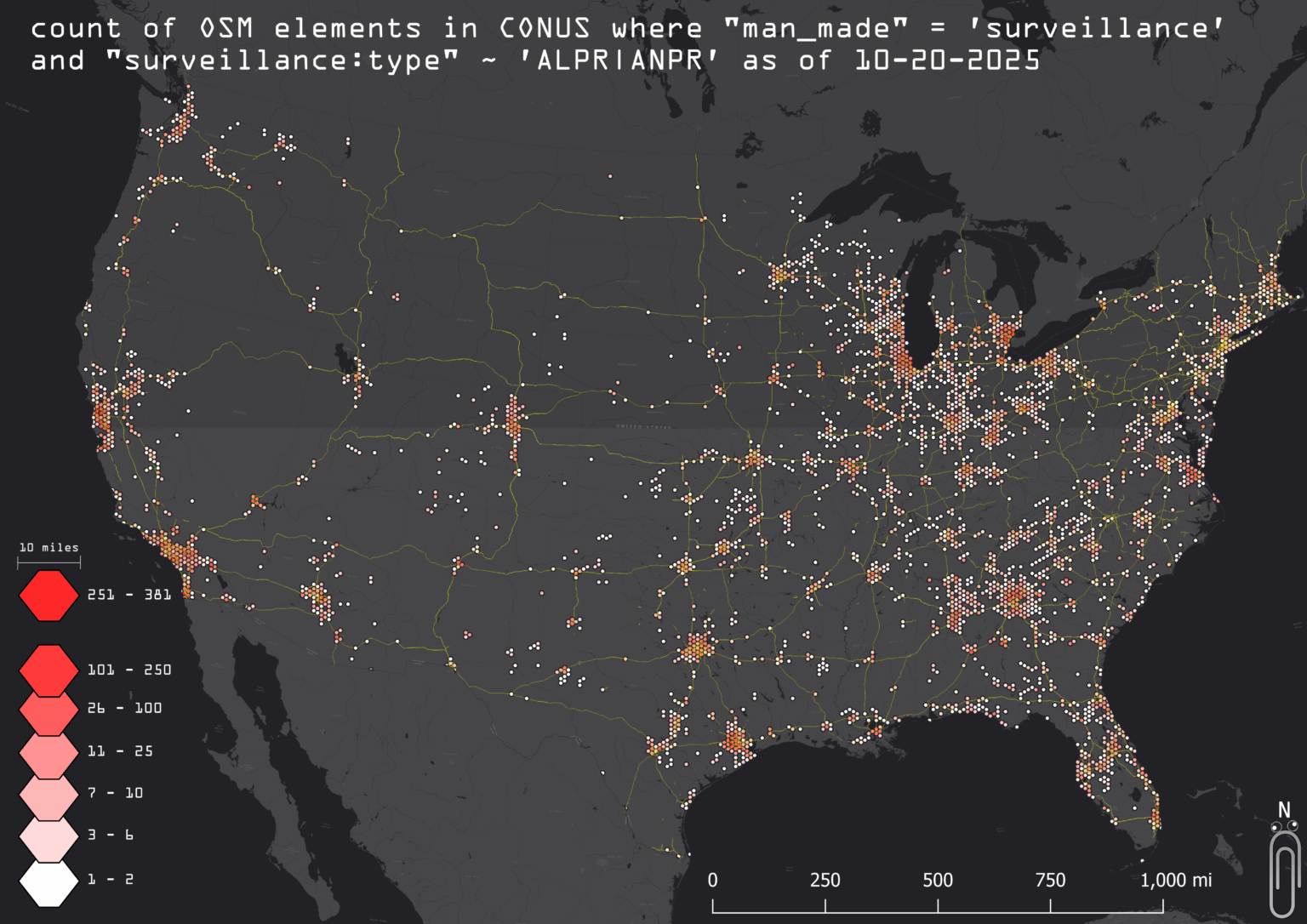 [OC] Count of OpenStreetMap Automatic License Plate Reader Surveillance Elements every 10 Miles in the Continental US - 10/20/2025