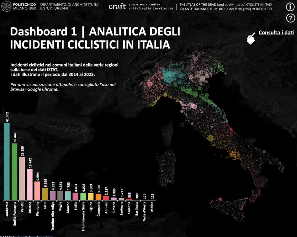 The Italian Atlas of deaths and serious injuries on bicycles between 2014 and 2023. The most detailed mapping of cycling accidents ever carried out in Italy (created by the Polytechnic University of Milan)