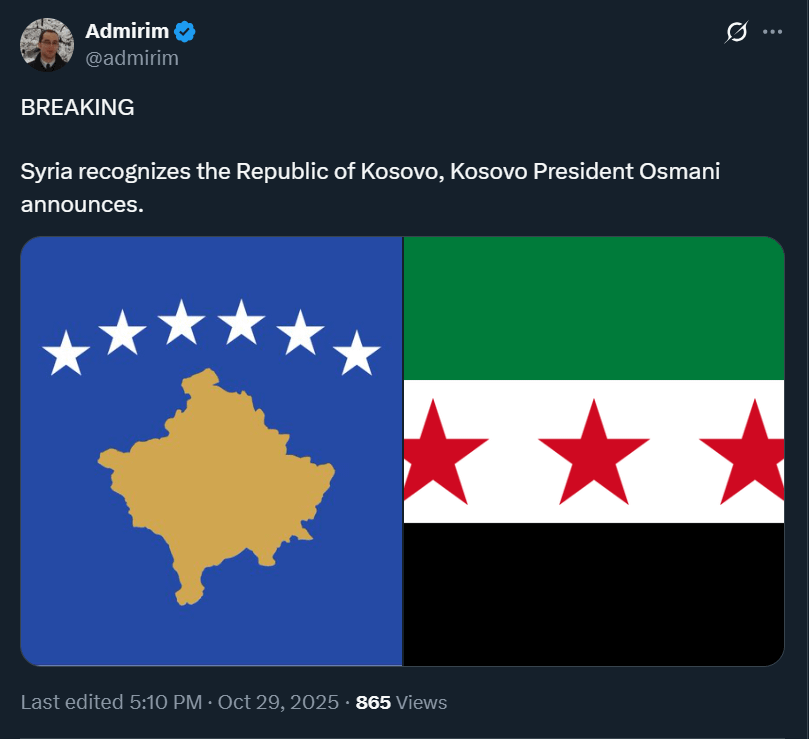 [OFFICIAL] Syria recognizes the State of Kosovo. Becoming the 109th country in doing so! 🇽🇰 🇸🇾