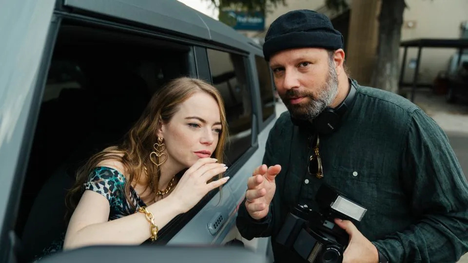 Emma Stone and Yorgos Lanthimos on the set of "Kinds of Kindness." The actor/producer and director first collaborated on "The Favourite" in 2018. - Atsushi Nishijima/Courtesy of Searchlight Pictures
