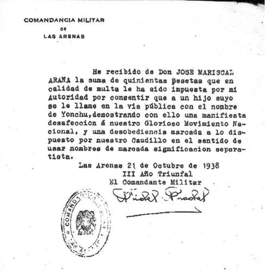 87 years ago, a father called his son by his Basque name in the street and received a very big fine. The equivalent of around 15 000 euros today.