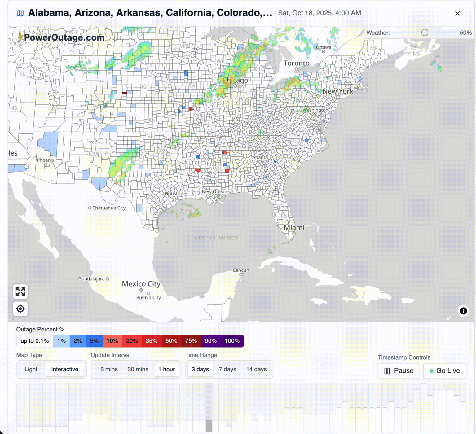 [OC] Outages over the last 36 hours in the mid-eastern US, with weather radar overlay