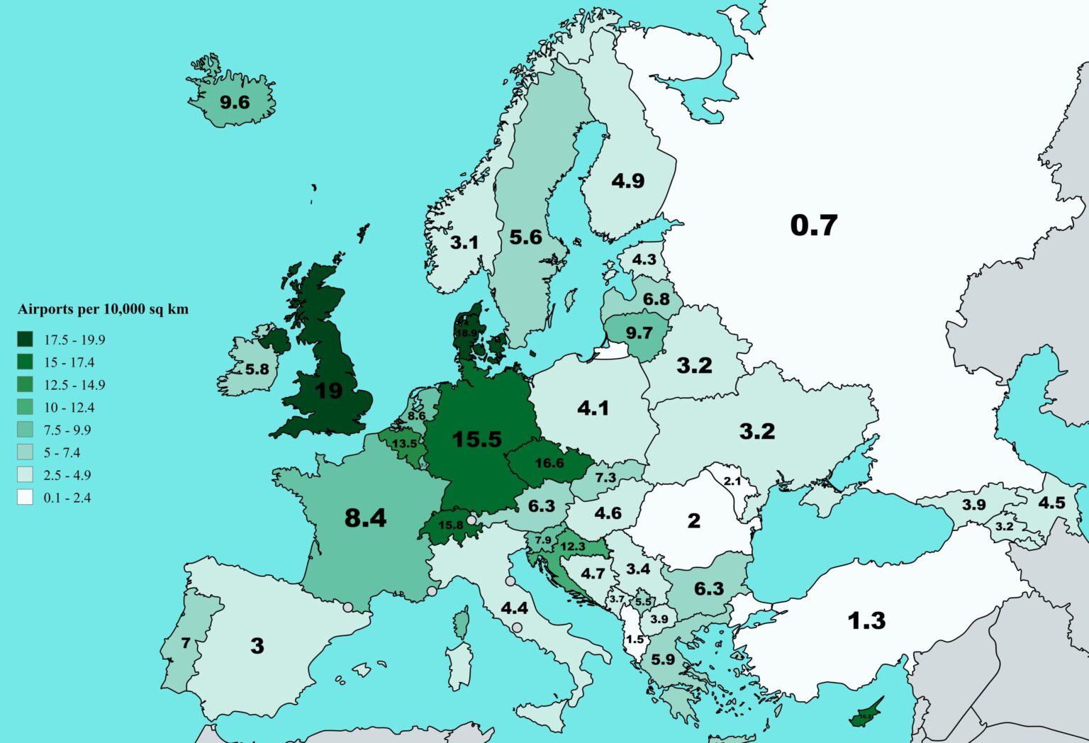 Number of airports per 10,000 sq km in each European country [OC]