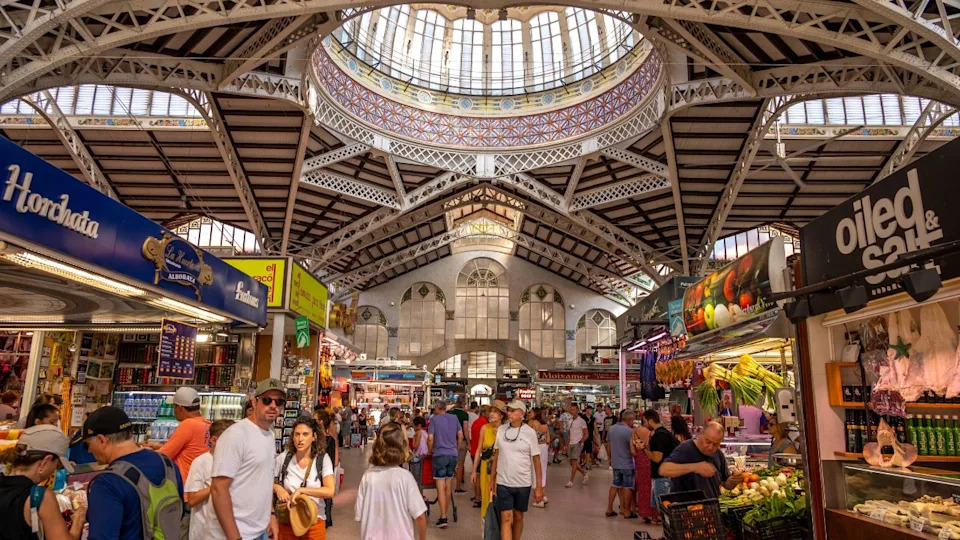 Valencia, Spain - August 5, 2024: Views of Valencia's Central Market in the beatiful Old Town area.