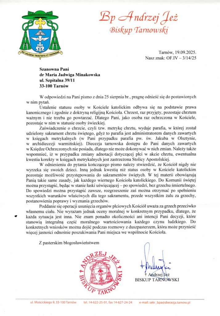 The answer of Bishop Tarnów on the letter of the transgender activist Maria Minakowska