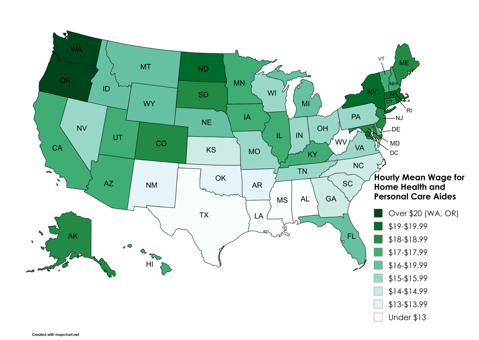 [OC] Hourly Mean Wage for Home Health and Personal Care Aides by U.S. State (2024)