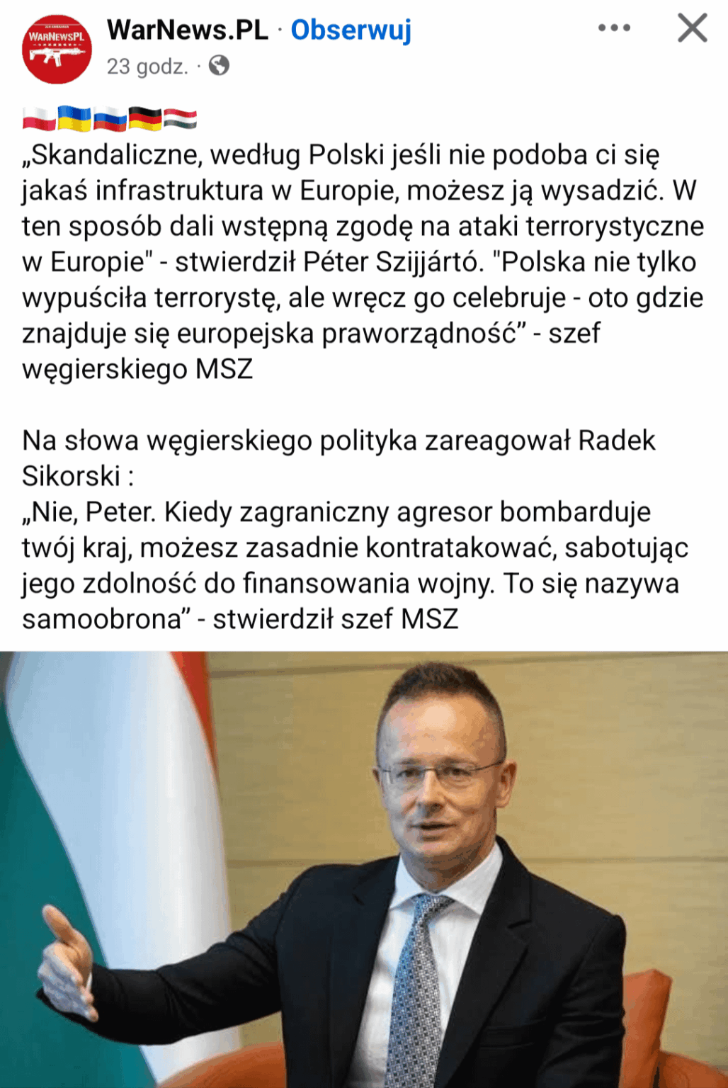 Radek Sikorski reacts to the words of the Hungarian politician