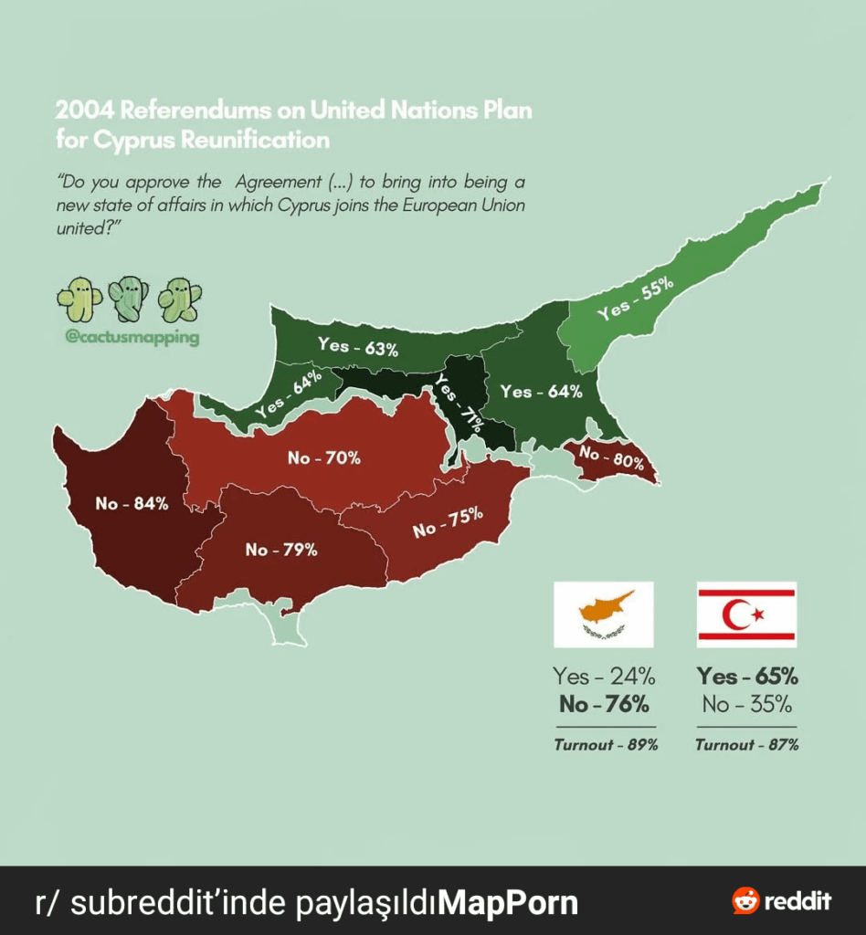 Map of the vote rates given by Northern and Southern Cyprus to the Annan plan