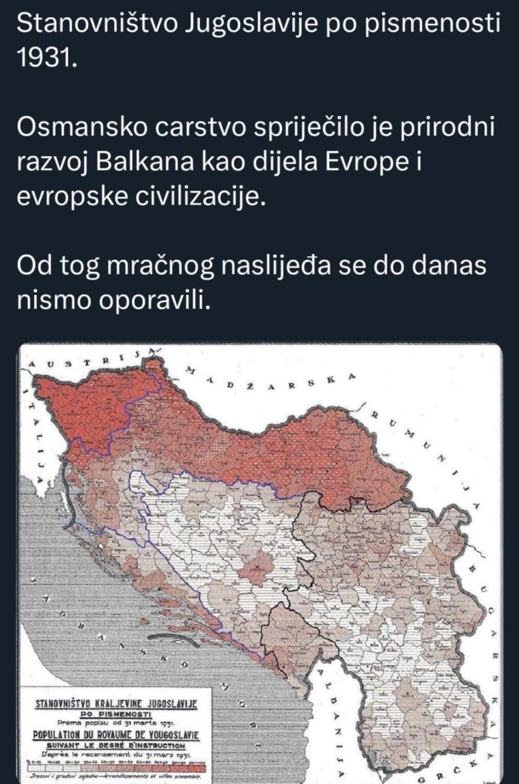 Percentage of literacy in the Kingdom of Yugoslavia in 1931.