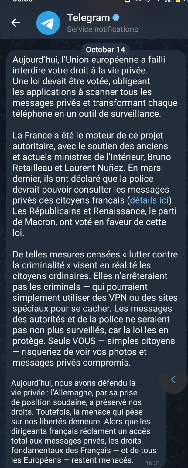 Message received from Telegram following Germany saying no to the European Chat Control bill