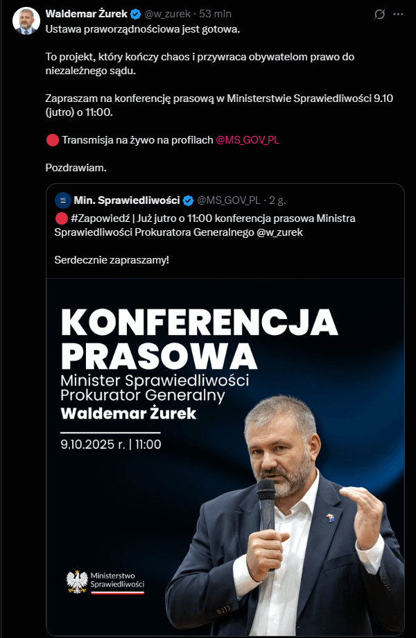 Tomorrow, details about the rule of law act prepared by Minister Żurek.