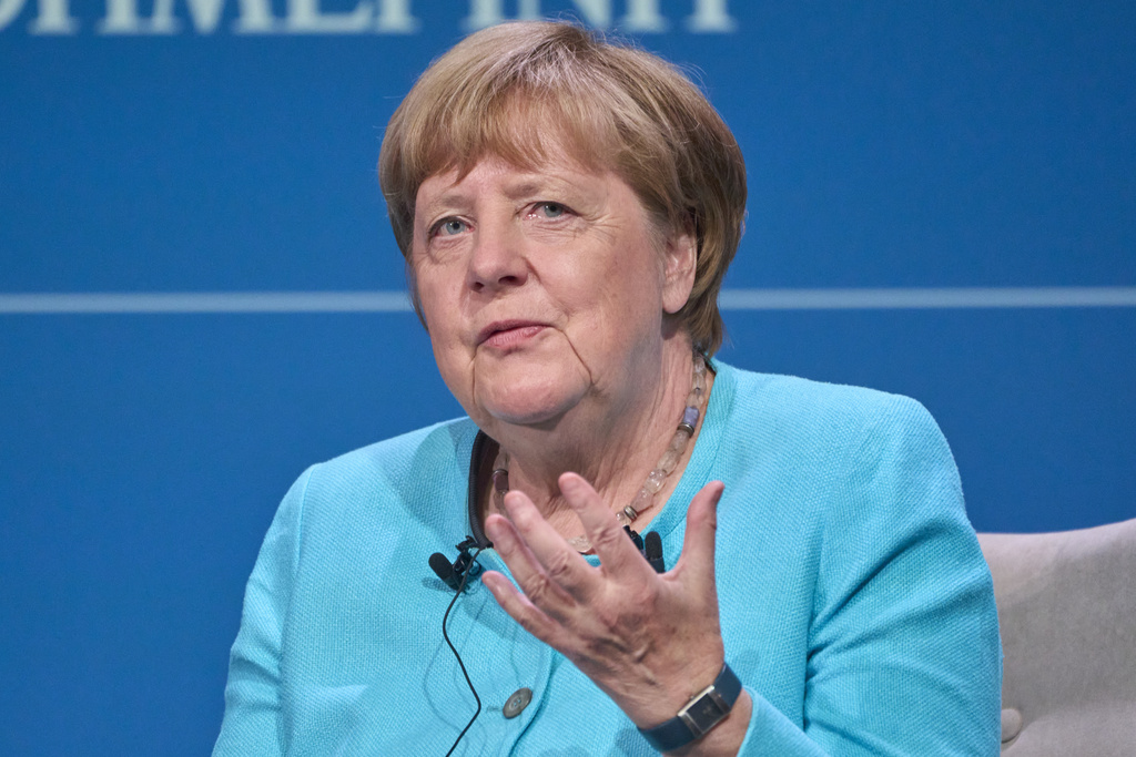 Former German Chancellor Angela Merkel speaks during the presentation of her book "Freedom" at the Stavros Niarchos Foundation Cultural Center in Athens, Greece, on Wednesday, July 2, 2025. (AP Photo/Petros Giannakouris)