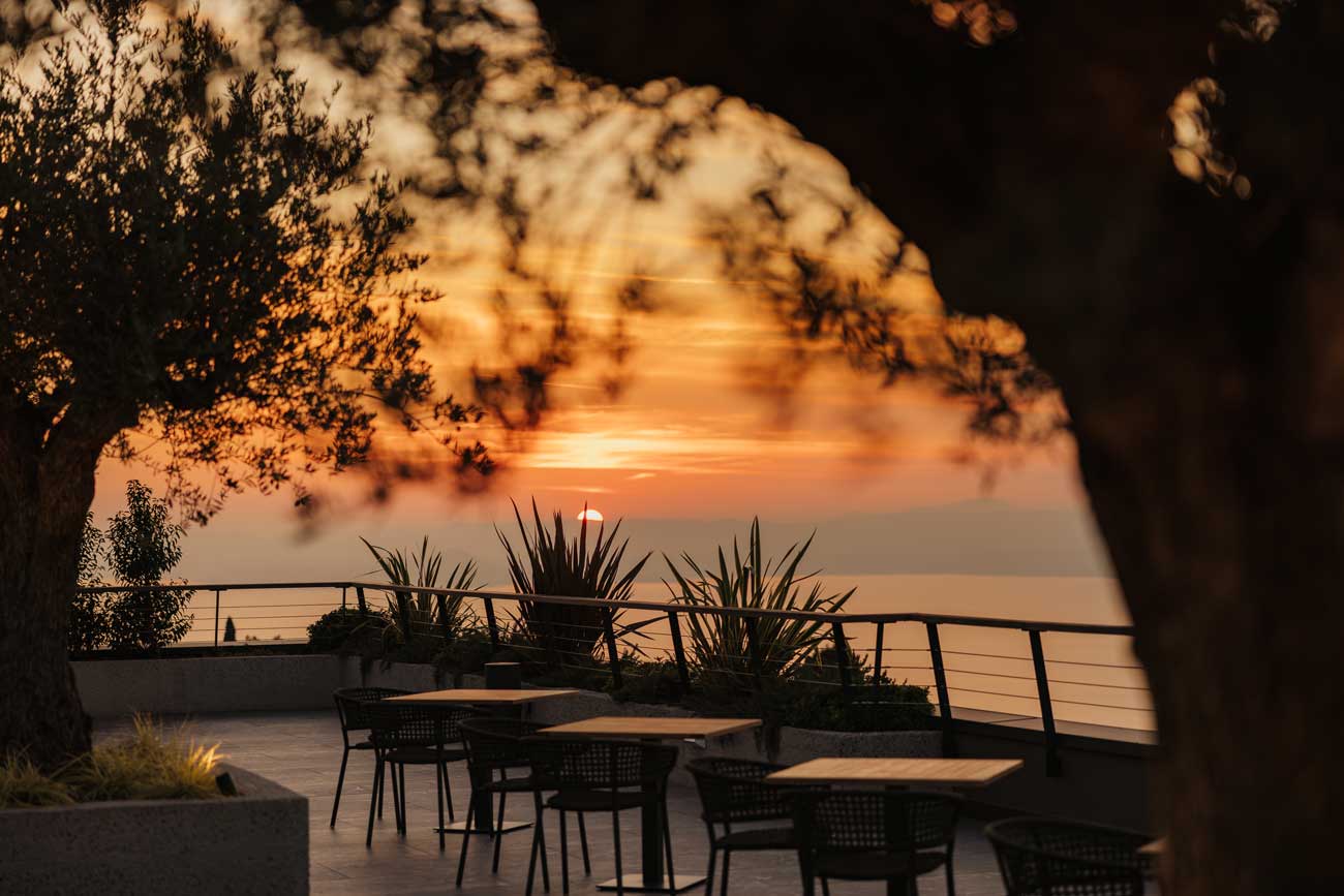 Sunset over outdoor dining scene