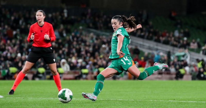 Marissa Sheva scores Ireland’s fourth goal. Photograph: Nick Elliott/Inpho