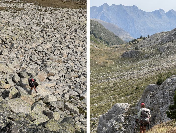 Crossing a large boulder field, followed by a lovely descent from Collado del Clot de Moredo