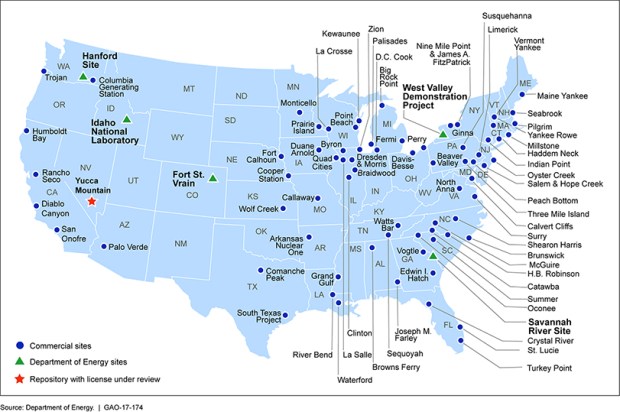 The U.S. Government Accountability Office's map of sites storing spent nuclear waste in the United States. 