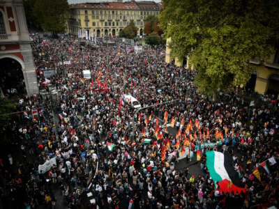People march during the General Strike For Palestine on September 22, 2025, in Turin, Italy.