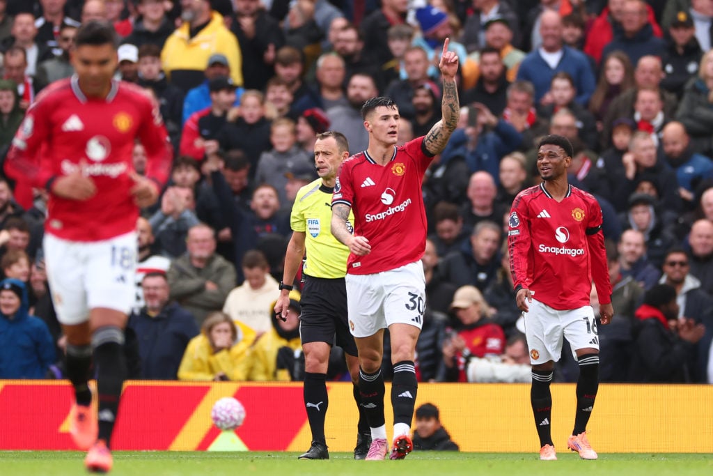 Benjamin Sesko celebrating his first goal at Old Trafford