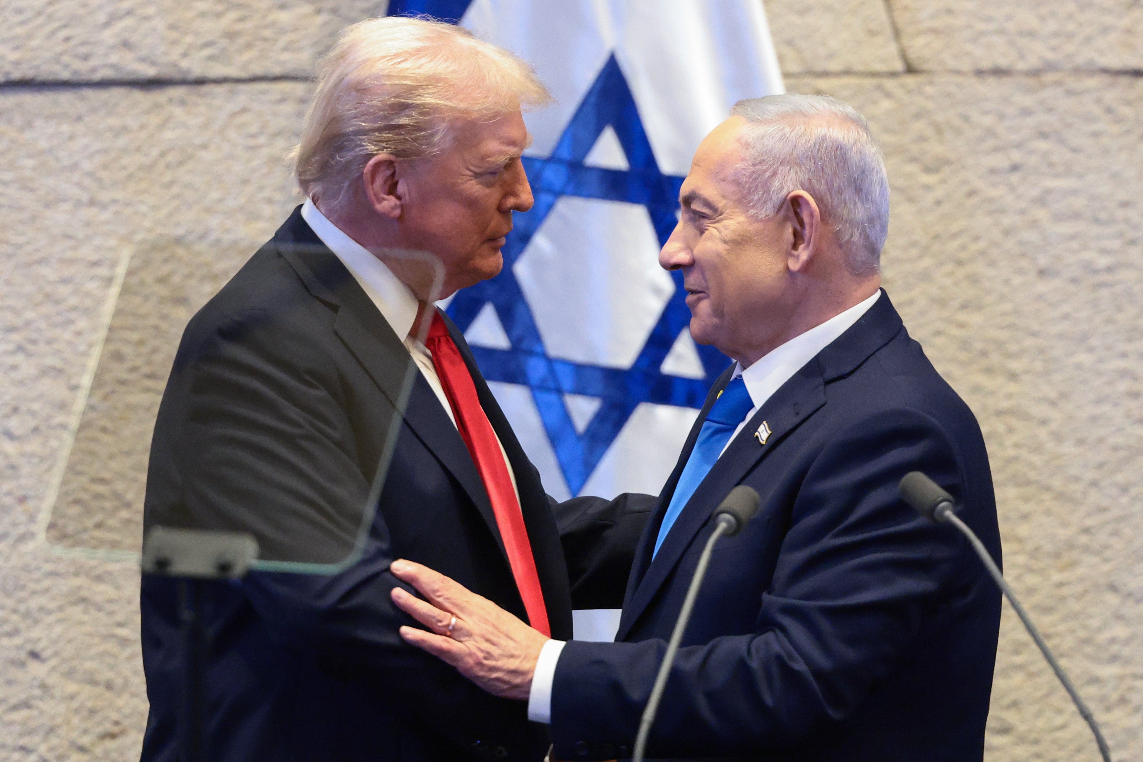 US President Donald Trump speaks with Israeli Prime Minister Benjamin Netanyahu at the Knesset, Israel’s parliament in Jerusalem