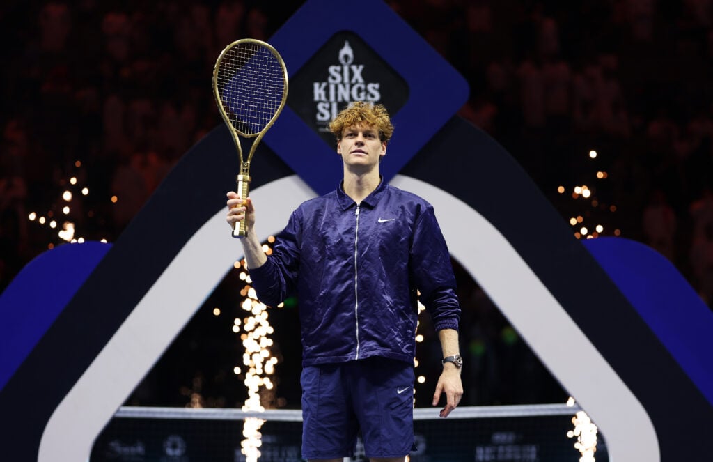 Jannik Sinner of Italy poses for a photo with the golden tennis racket after winning the Men's Single's Final on day three of the Six Kings Slam 2025 at ANB Arena.
