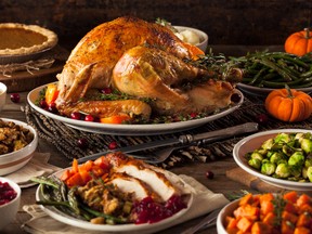 Thanksgiving turkey dinner with sides.