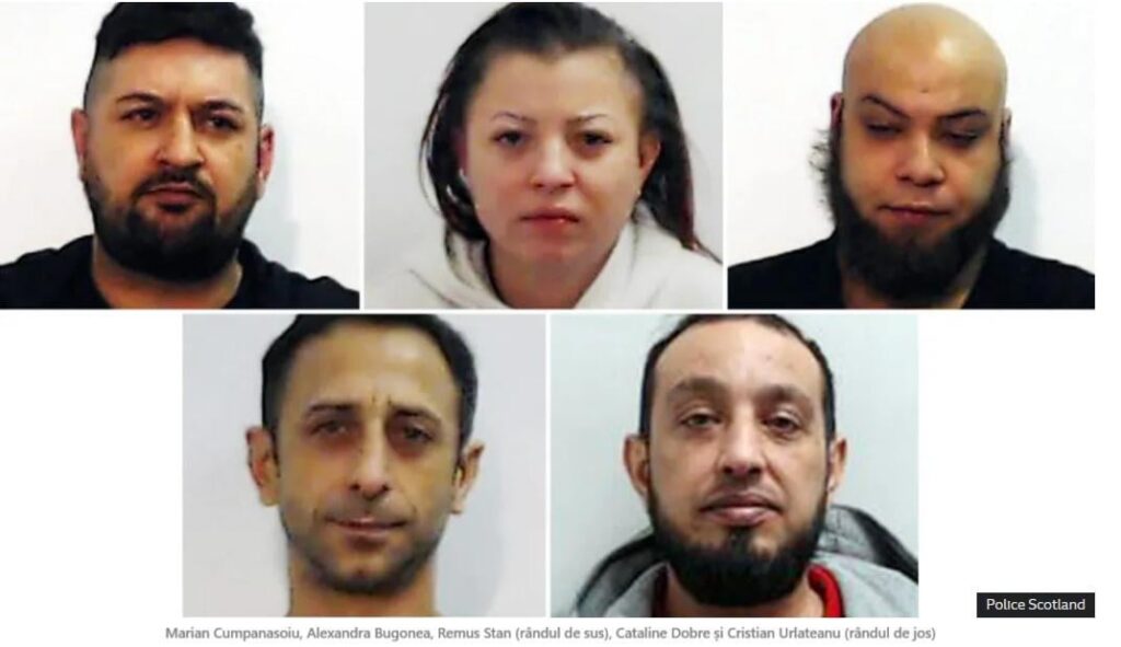 Scotland. Five Romanians, four men and one woman, have been sentenced to prison terms of between 8 and 20 years for raping and sexually abusing ten women, whom they drugged and sexually exploited in Dundee
