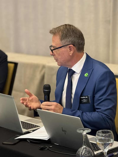 Elder Charles Lamb, a senior missionary from Brea, California, serving in Sarajevo, Bosnia, speaks during the Southeast Europe Greenhouse Summit in Sarajevo, Bosnia, on Sept. 25, 2025.