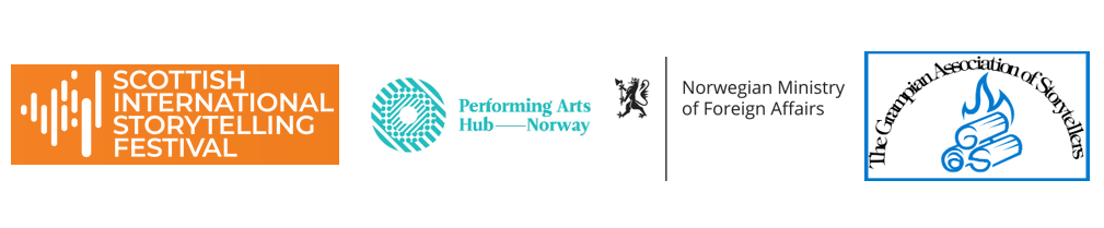 Logos for the Scottish International Storytelling Festival, Performing Arts Hub Norway, the Norwegian Ministry of Affairs, and the Grampian Association of Storytellers
