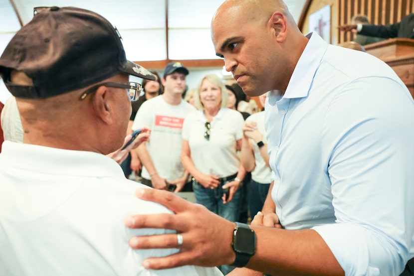 U.S. Senate candidate and voting rights lawyer Colin Allred greets the crowd following his...