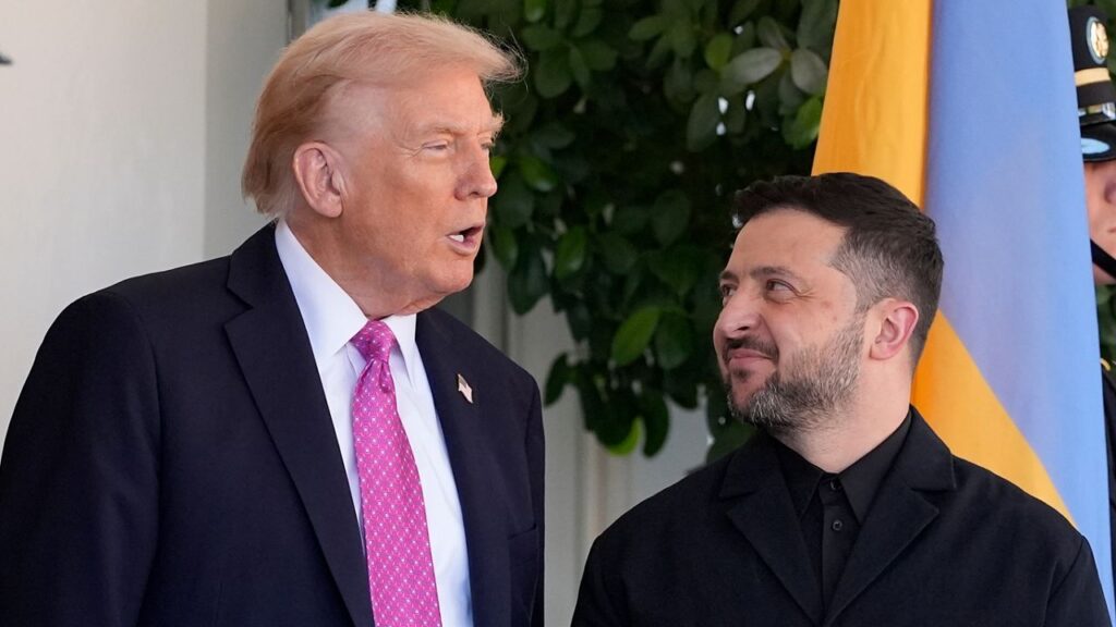 President Donald Trump, left, greets Ukraine's President Volodymyr Zelenskyy at the White House, Friday, Oct. 17, 2025, in Washington. (AP Photo/Alex Brandon)