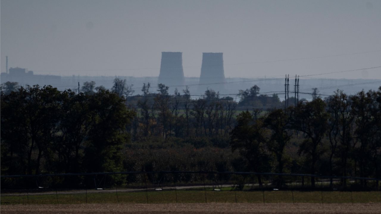 Zaporizhzhia nuclear power plant is seen from around twenty kilometers away in an area in the Dnipropetrovsk region, Ukraine, Monday, Oct. 17, 2022.  (AP Photo/Leo Correa, File)