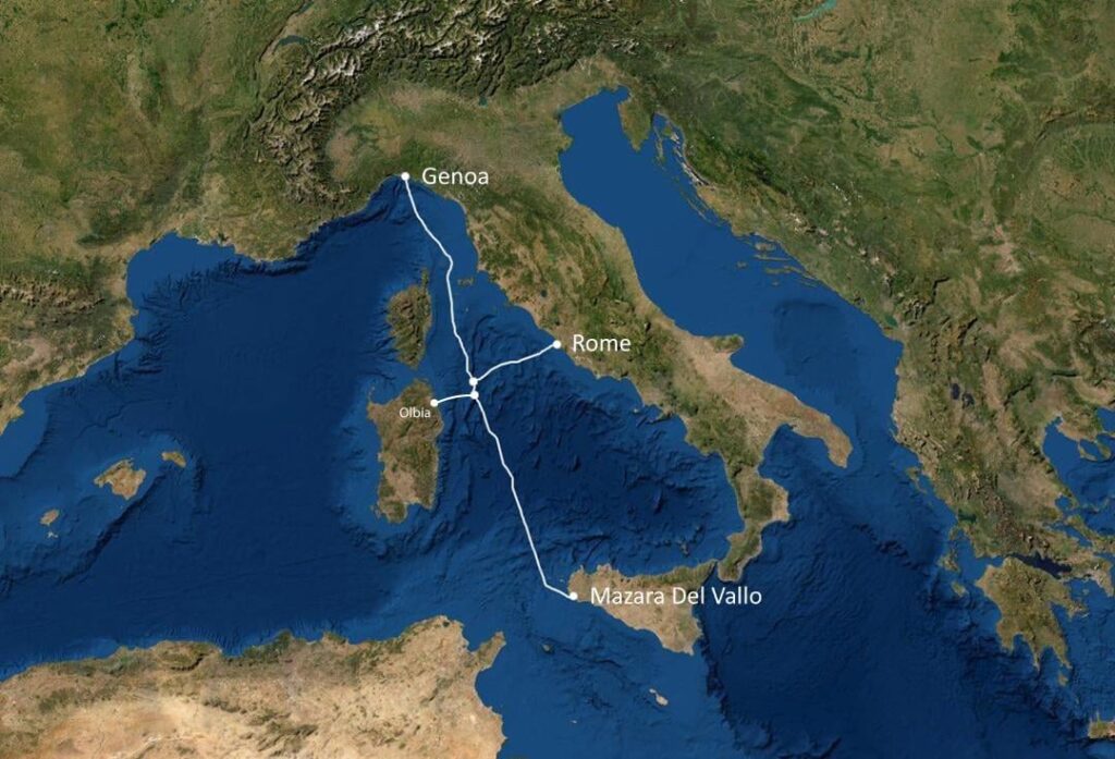 The first 24 optical fiber and 624tbps submarine cable has been laid in the Mediterranean, connecting Sicily, Sardinia, Rome and Genoa in 9ms The first 24 optical fiber and 624tbps submarine cable has been laid in the Mediterranean, connecting Sicily, Sardinia, Rome and Genoa in 9ms