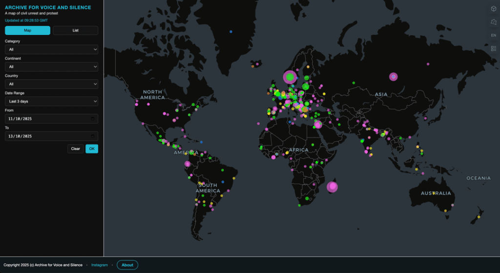 [OC] Global Protests Mapped by Location and Time