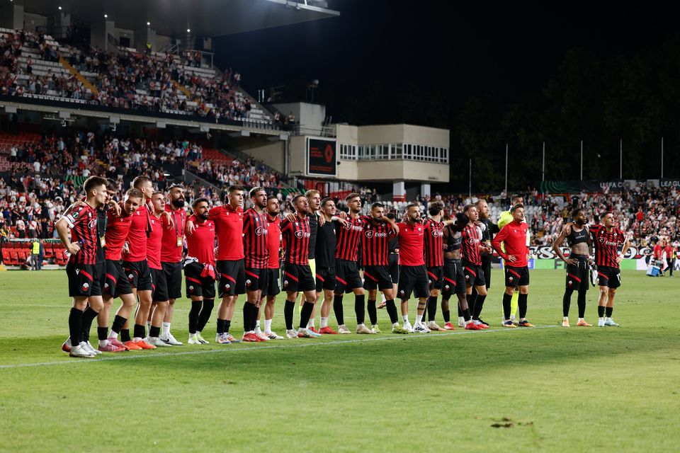 The KF Shkendija players turn to their supporters after the Conference League clash against Rayo Vallecano. Photo: Getty